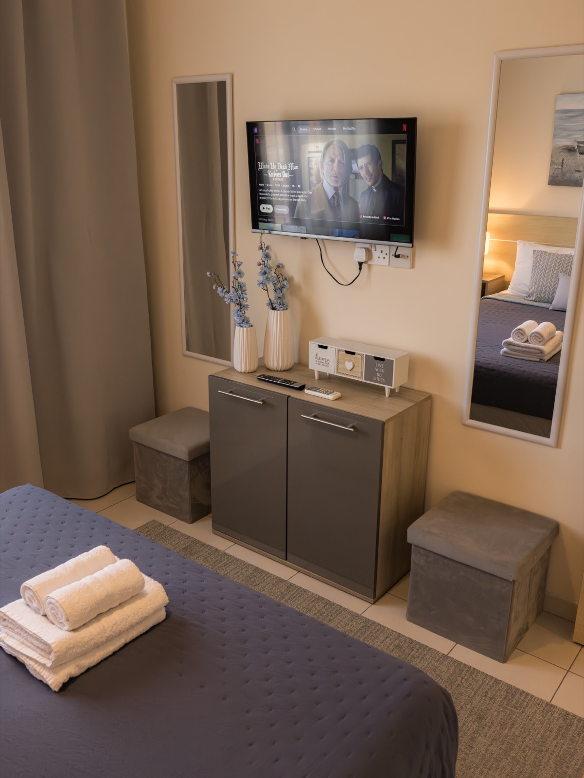 Bedroom TV and storage area